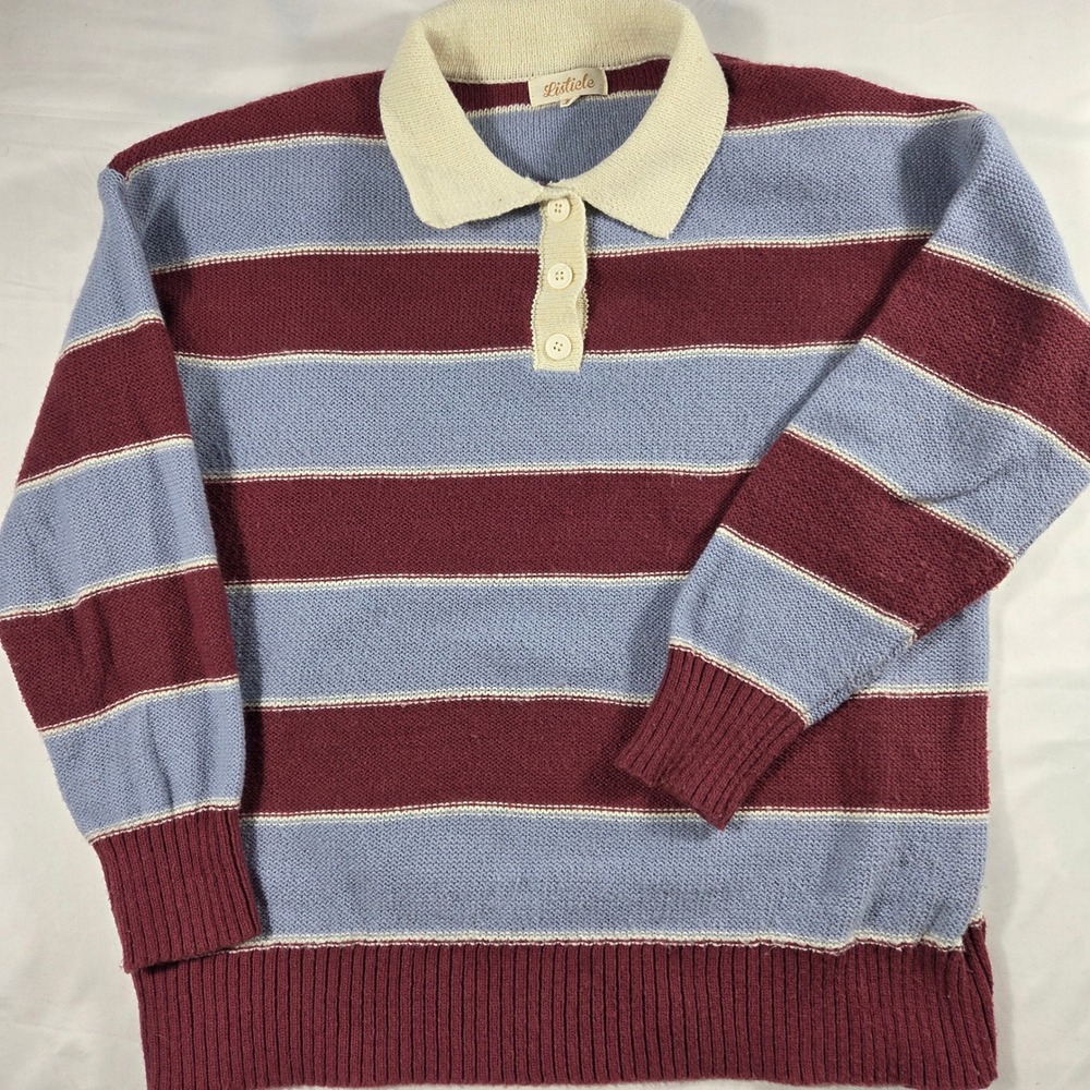 Vintage Listicle Burgundy Blue Striped Knit Polo Sweater Size M Long Sleeve